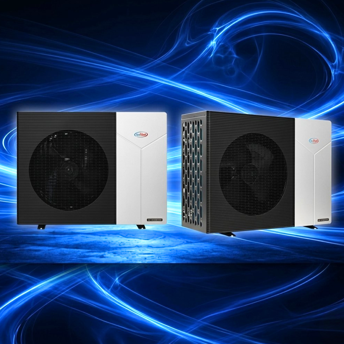 Two EvoHeat Force-Ai full DC inverter pool heat pumps displayed side-by-side from straight-on and angled perspectives against a blue abstract light wave background.