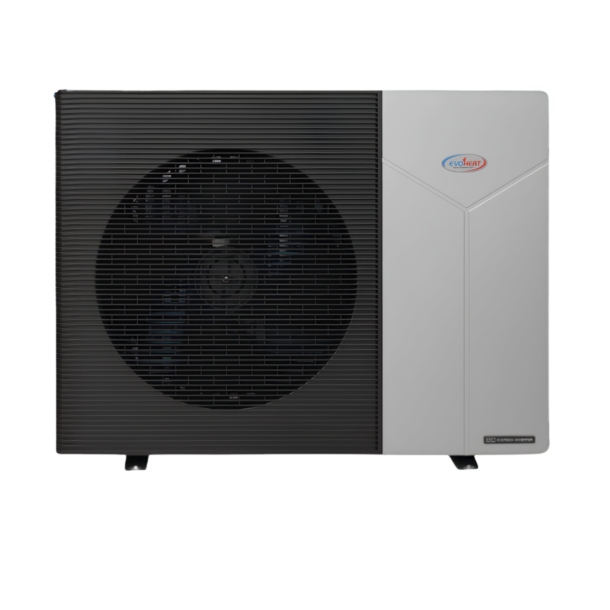 EvoHeat Force-Ai full DC inverter pool and spa heat pump front view showing black horizontal fan grille and silver side panel with logo.