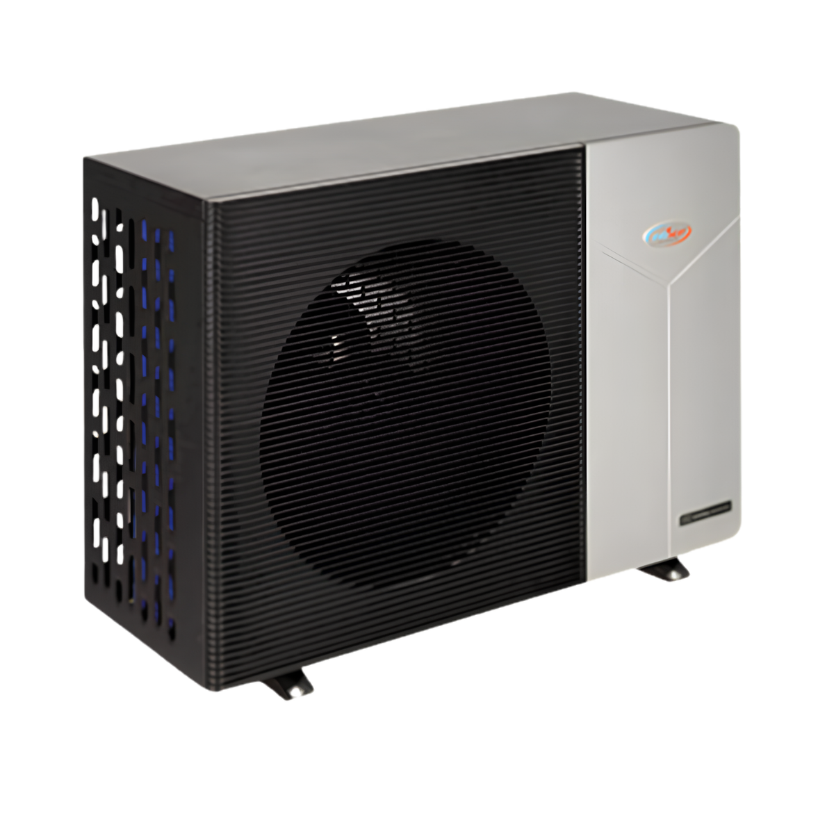 High-angle perspective view of the EvoHeat Force-Ai energy-efficient pool heat pump showcasing the top cabinet depth, horizontal black fan intake, and silver side enclosure.