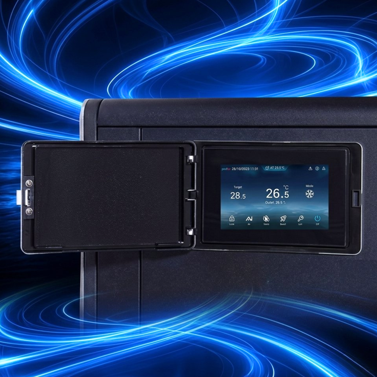 Close-up view of the EvoHeat Force-Ai intelligent full-colour LCD touchscreen controller showing real-time water temperature monitoring and digital display screen with an open protective cover