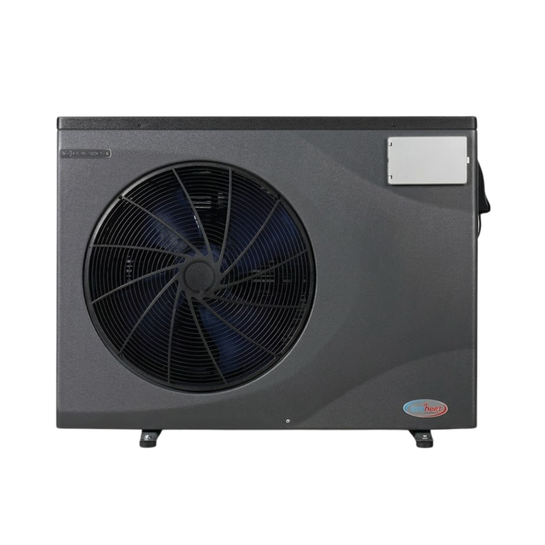 Direct front studio view of a dark grey EvoHeat Force iPro series inverter pool heat pump, featuring a large circular front-discharge fan grille, a rectangular top corner control panel hatch, and the brand logo badge on the bottom right.