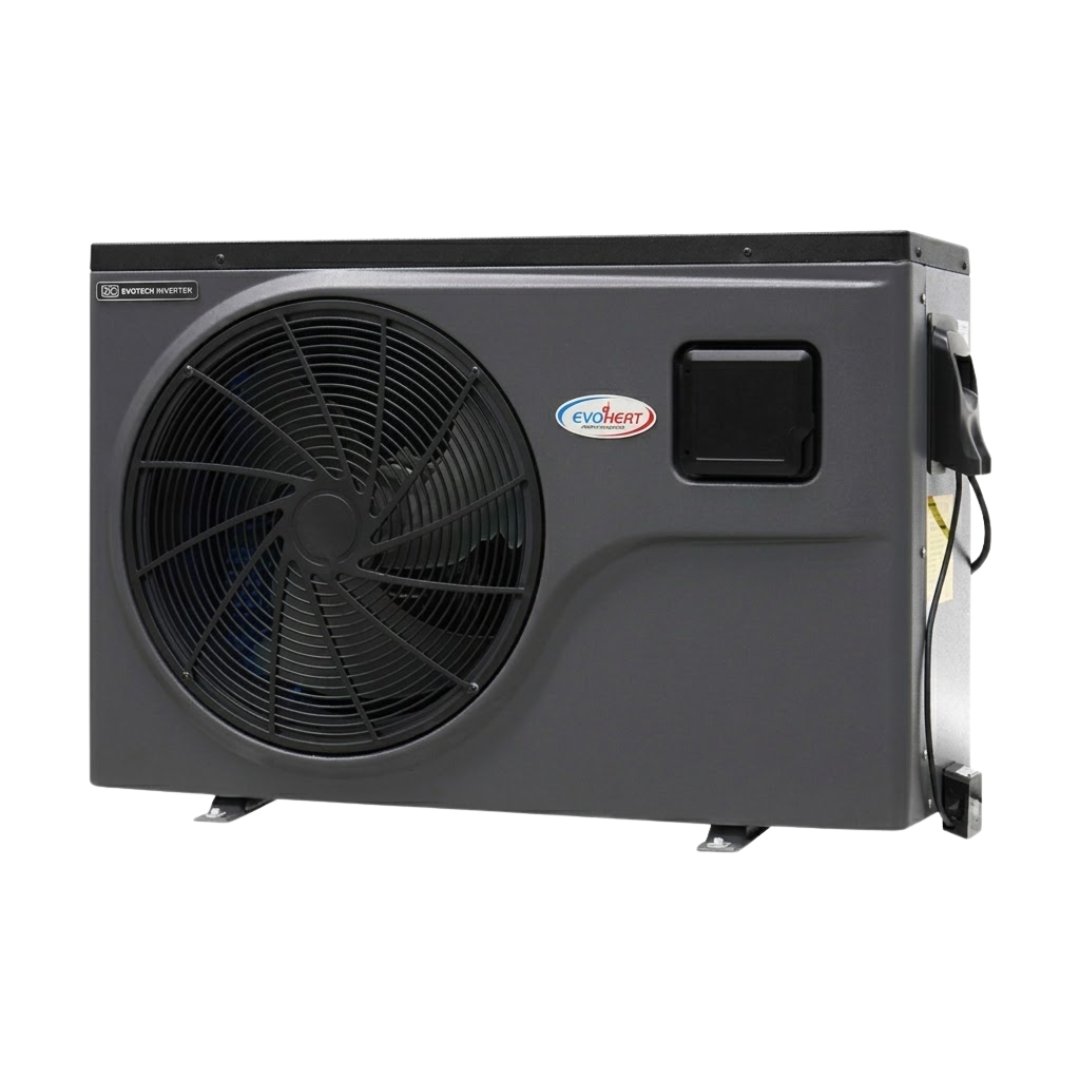Three-quarter right-angled studio view of a dark grey EvoHeat Fusion-iPro series inverter pool heat pump, highlighting the large circular front-discharge fan grille, a centrally located brand logo emblem, a small square control panel hatch, and the right side panel detailing electrical connection points.