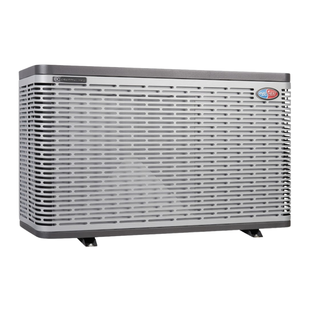 Three-quarter left-angled studio view of a grey and black EvoHeat iPro series inverter pool heat pump, displaying the curved ventilation grille wrapping around the left corner and the top corner brand logo.
