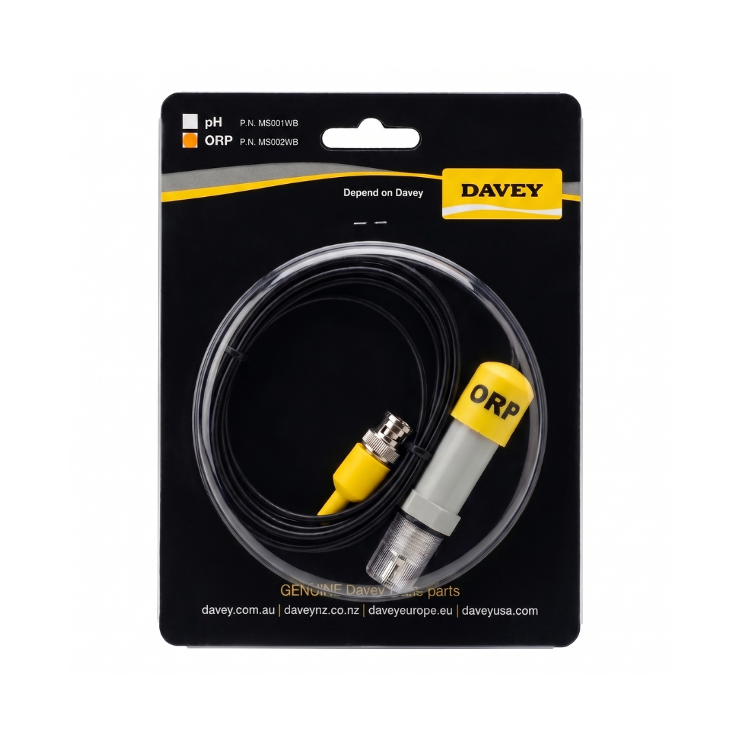 Genuine Davey Eco Spa replacement ORP sensor probe packaged on a blister card, showing part number MS002WB, yellow protective cap, and coiled cable with a BNC connector.