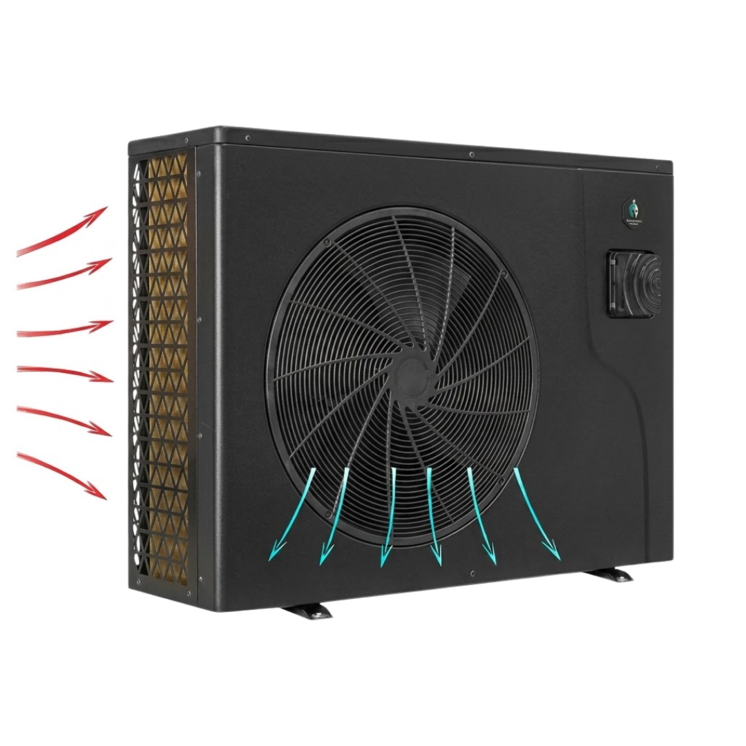 Diagram illustration of a dark charcoal Guardian Eco Pro Series pool heat pump showing ambient air drawn into the side intake with red arrows and cool air discharged horizontally through the front spiral fan grille with cyan arrows.