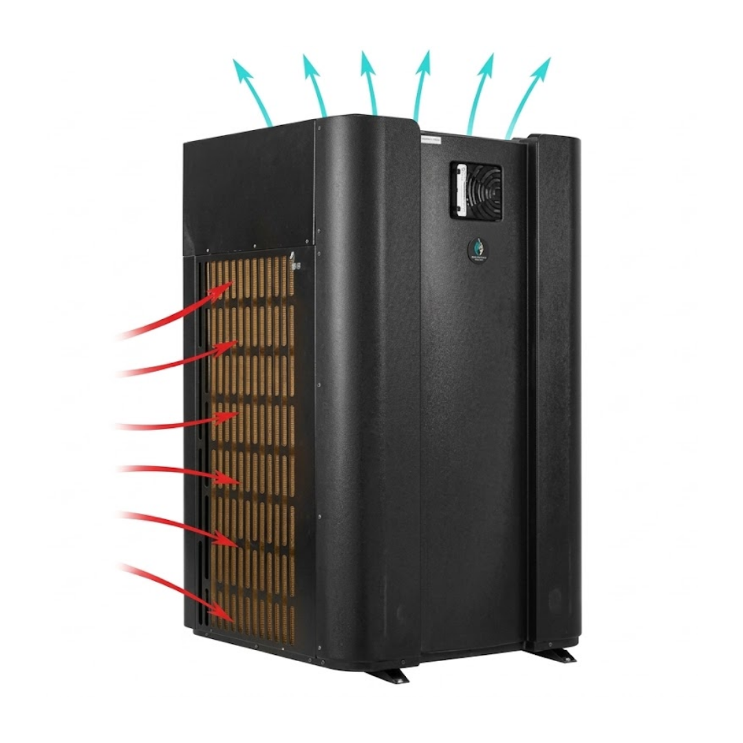 Studio product diagram of the Guardian Lux V 28kW top-discharge pool heat pump on a white background, featuring red arrows depicting side air intake and blue arrows showing vertical top discharge airflow.