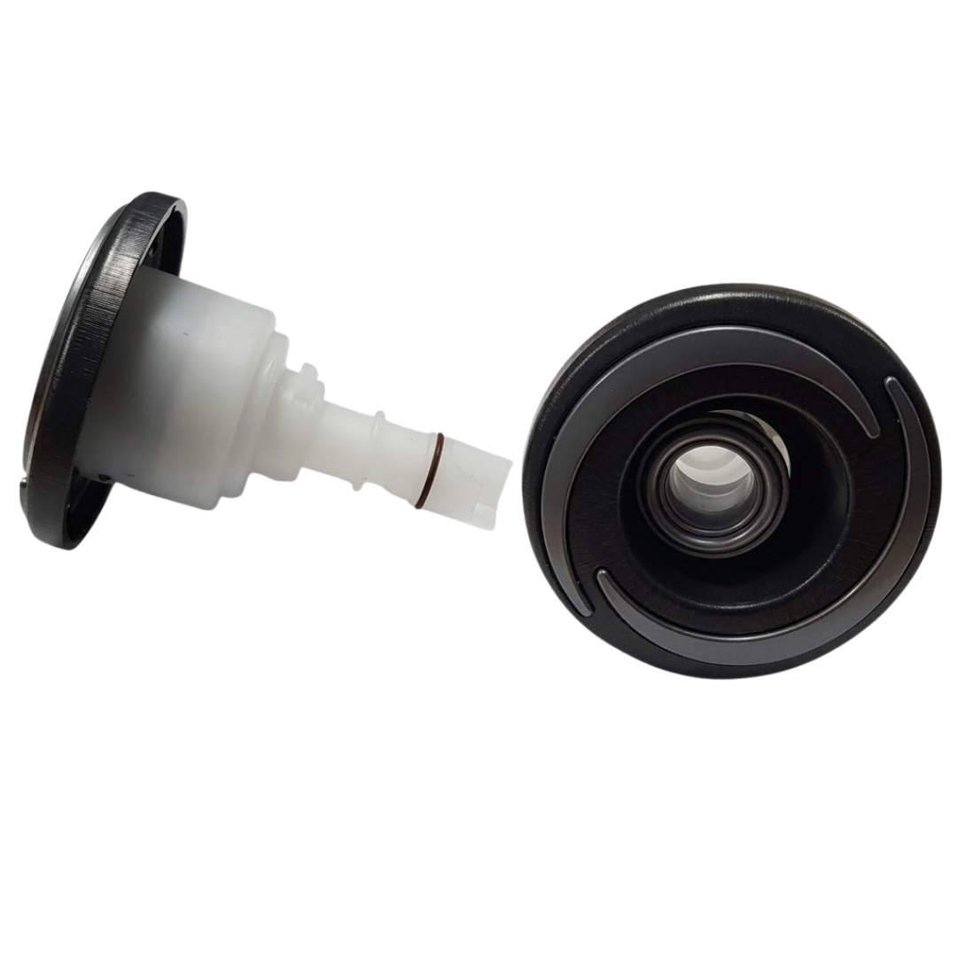 Two Halo 3 Directional plastic spa jet internal inserts, one displayed in side profile showing its white plastic body and stem with O-ring, and one displayed front-facing showing its textured dark grey bezel and directional eyeball nozzle.