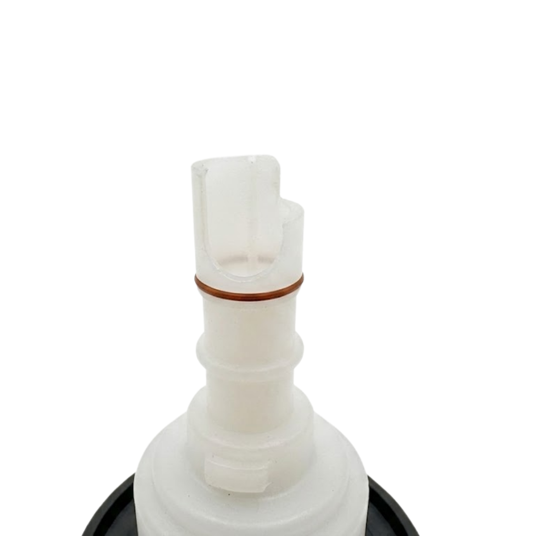Close-up view of the rear white plastic stem on a Halo 3 Directional plastic spa jet internal insert, showing an O-ring seal and notched side entry port.
