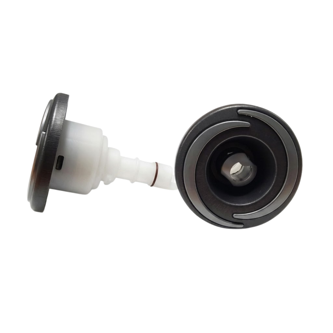Two Halo 3 ROTO plastic spa jet internal inserts, one displayed in side profile showing its white plastic body and stem with O-ring, and one displayed front-facing showing its textured dark grey bezel and rotational nozzle.