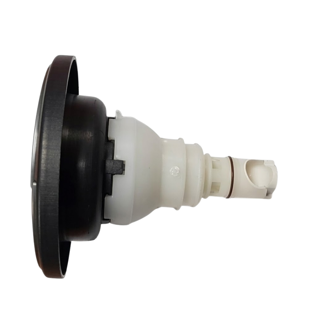 Side profile view of a Halo 5 ROTO plastic spa jet internal insert, showing the dark face flange, rounded black housing collar, stepped white plastic body, and narrow rear stem with an O-ring.