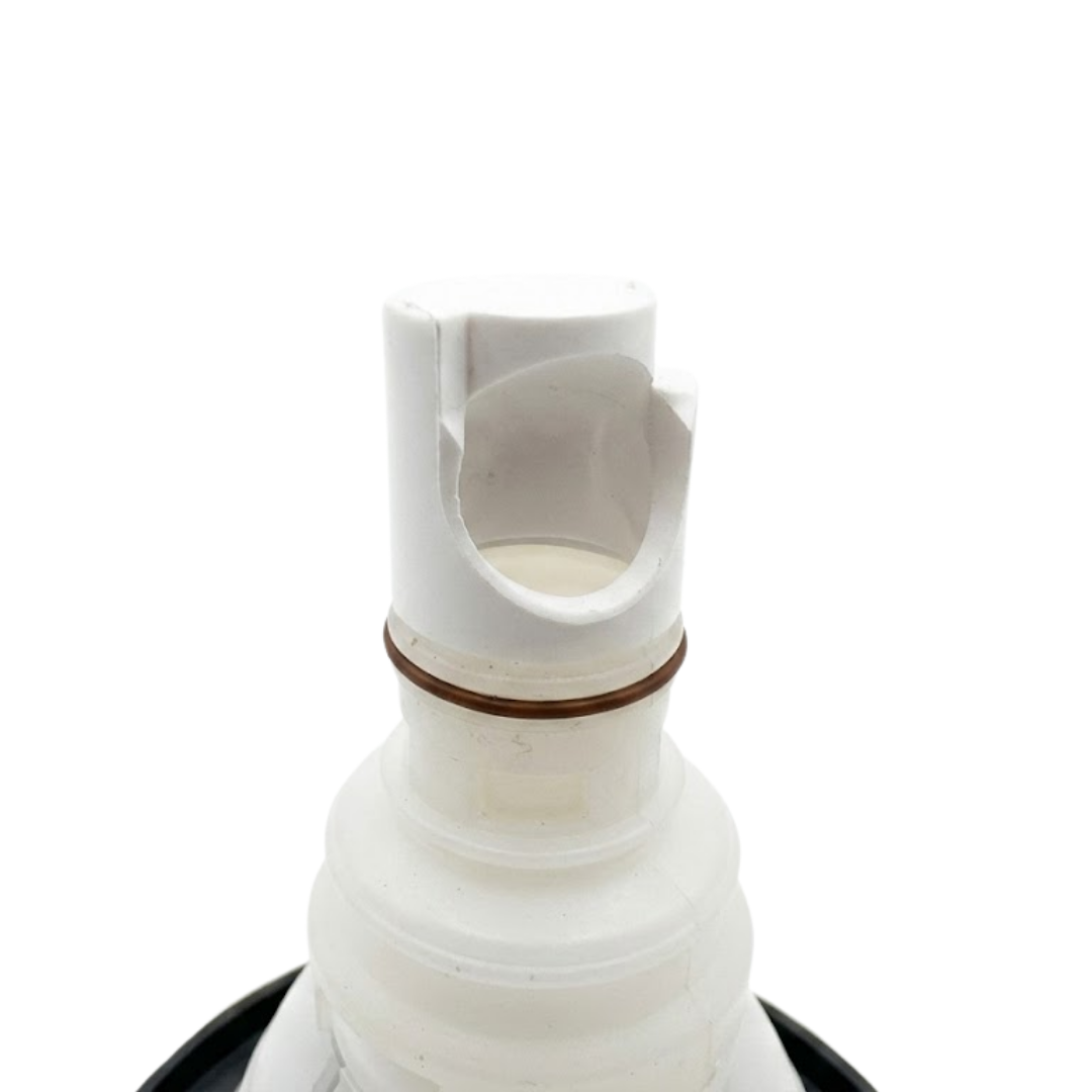 Close-up view of the rear white plastic stem on a Halo 5 ROTO plastic spa jet internal insert, showing an O-ring seal and a notched side entry port.