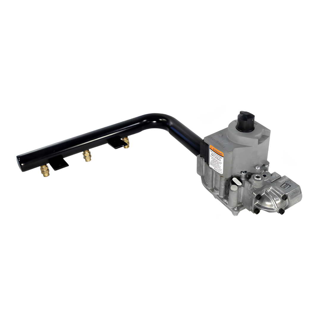Top angled view of a Hayward liquid petroleum gas LPG propane conversion kit assembly for H-Series 150MJ heaters, detailing the main gas valve body regulator component and attached black burner manifold piping.