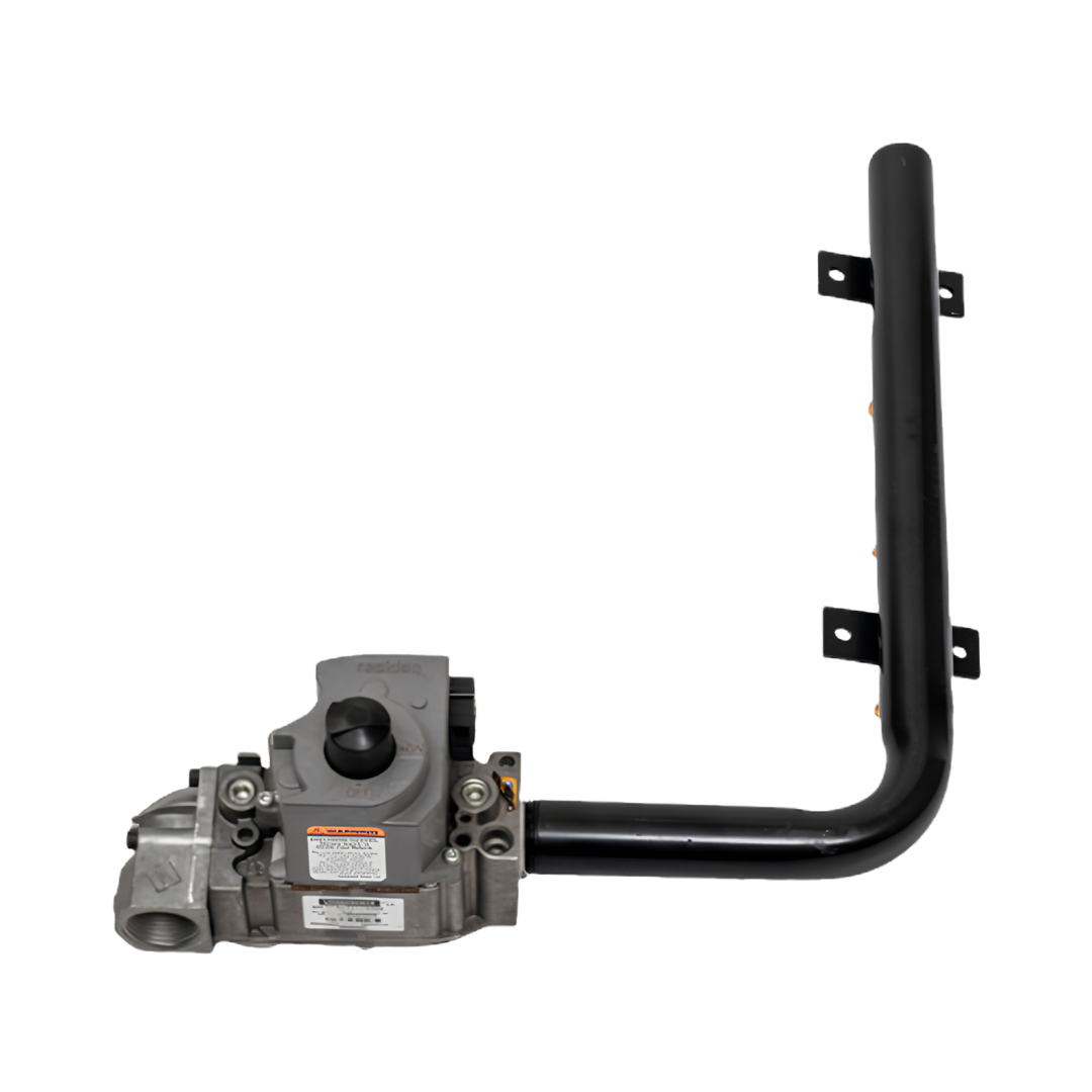 Direct top-down view of a Hayward liquid petroleum gas LPG propane conversion kit for H-Series 150MJ heaters, showing the control dial on the valve body and the L-shaped burner manifold pipe.
