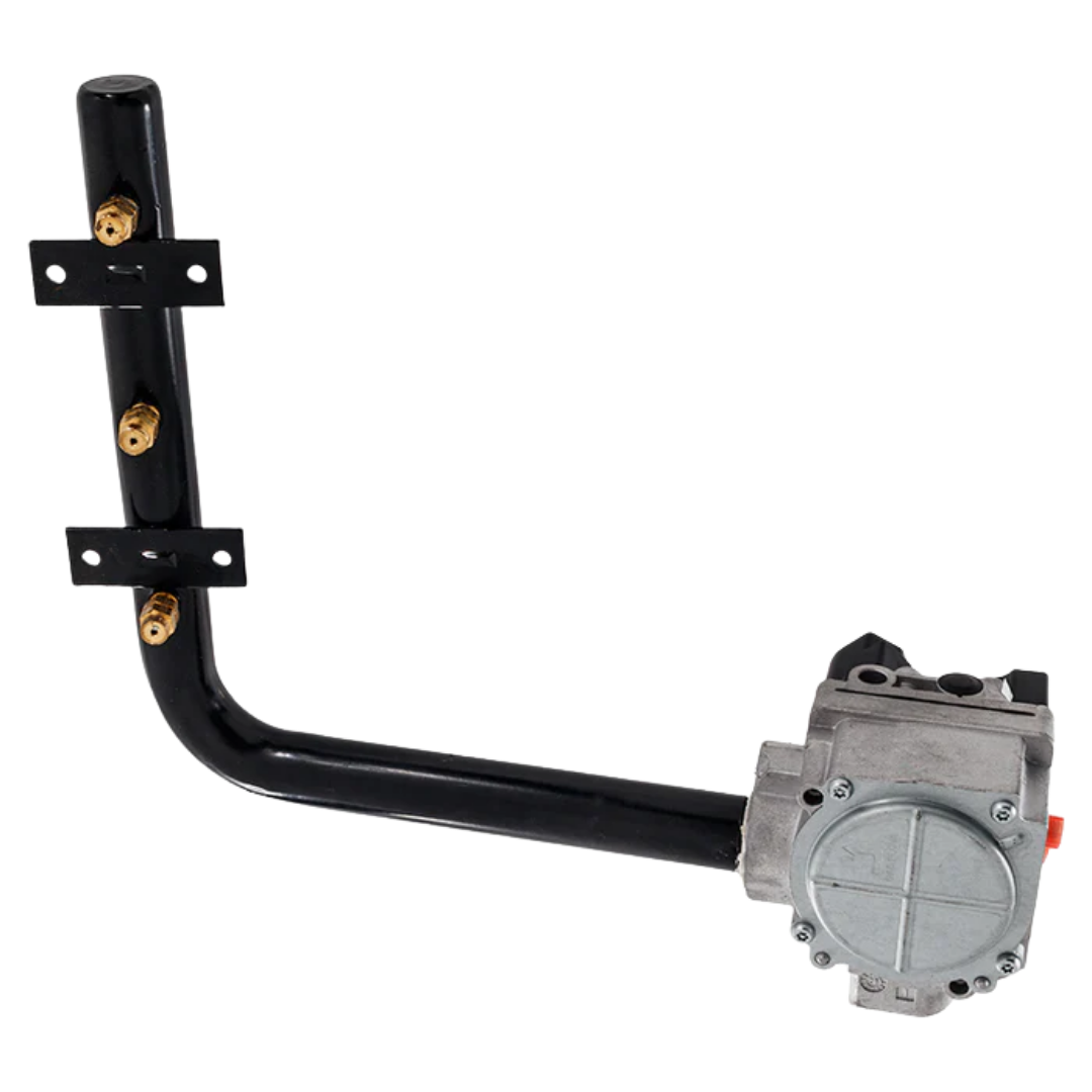 Underside view of a Hayward LPG propane conversion kit for H-Series 150MJ pool heaters, showing the circular bottom of the gas valve regulator and three brass burner orifices attached to the manifold arm.