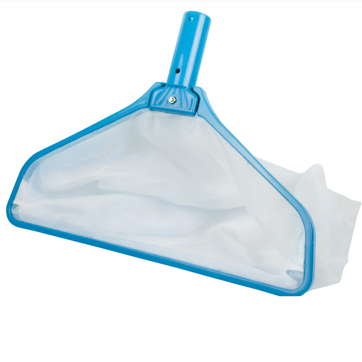 Angled studio shot of a light blue swimming pool leaf rake with a wide scoop frame, deep white mesh bag, and a universal connection handle for telescopic poles.