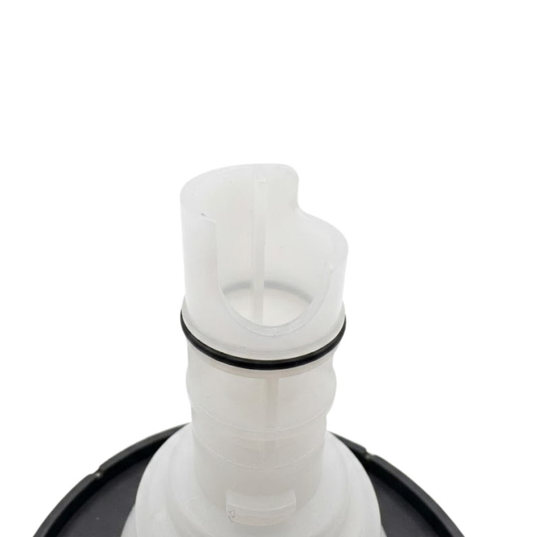Close-up view of the white plastic stem end of a Helix 4.5 ROTO stainless steel spa jet internal insert, showing a black rubber O-ring seal, alignment tabs, and notched tip.