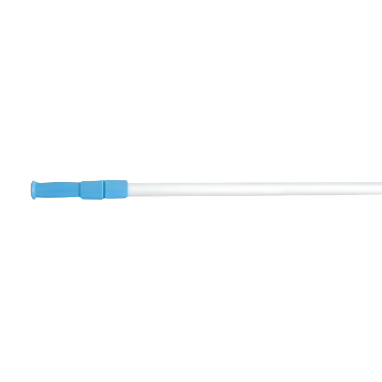 A horizontal studio product shot showcasing the upper section of an adjustable aluminum telescopic pool pole, isolated on a white background. The image highlights a long, silver metallic ribbed shaft extending into a blue plastic dual-stage locking cam collar and a molded blue plastic handle grip on the left.