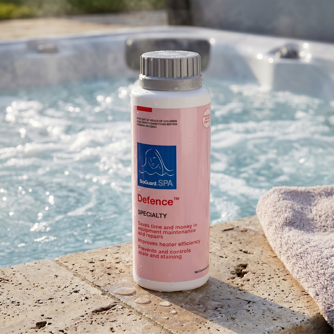 BioGuard SPA Defence chemical is used to prevent and control scale and staining in a hot tub.