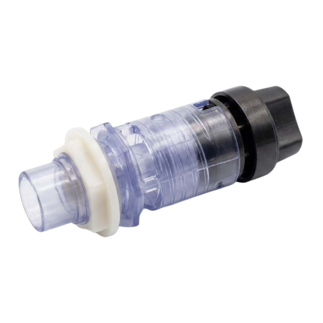 A rear three quarter view of a clear acrylic spa spillway diverter valve assembly showing the white plastic retention lock nut and the hollow injection plumbing port