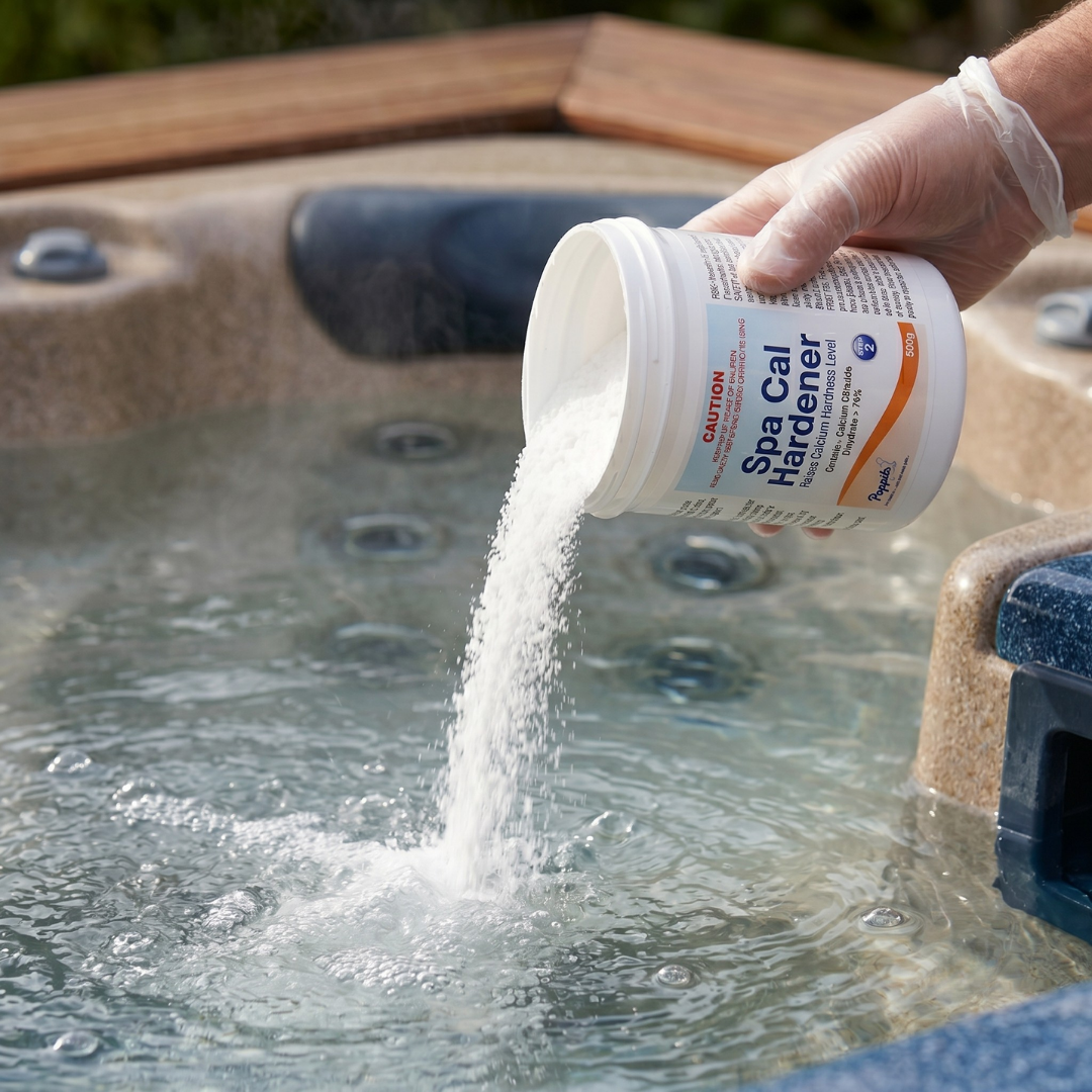 A gloved hand pouring Poppits Spa Cal Hardener powder directly into the water of an outdoor hot tub. The label on the 500g container shows it is a Step 2 pool and spa chemical designed to raise calcium hardness levels.