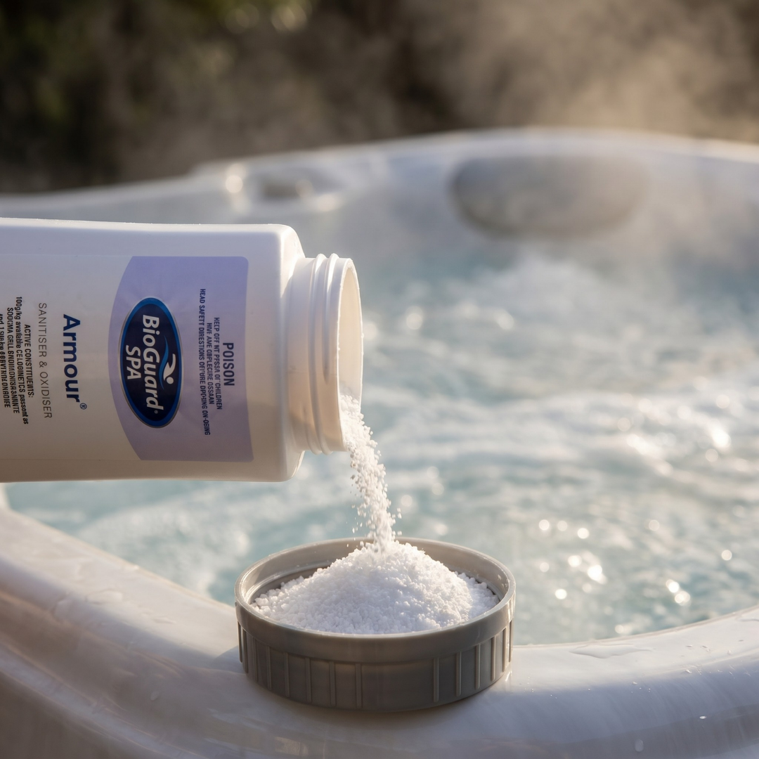 A close-up of BioGuard SPA Armour granules being poured into a measuring cap on the edge of a steaming spa. This dual-action sanitiser and oxidiser is used for easy dosing to maintain clean and bacteria-free spa water.