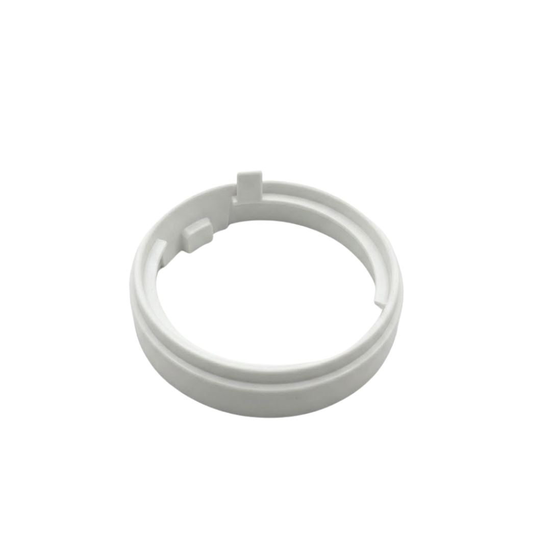 Top-down angled view of a light grey plastic adapter ring for a HydroAir adjustable VSR spa jet, highlighting inner locking tabs and smooth circular rim.