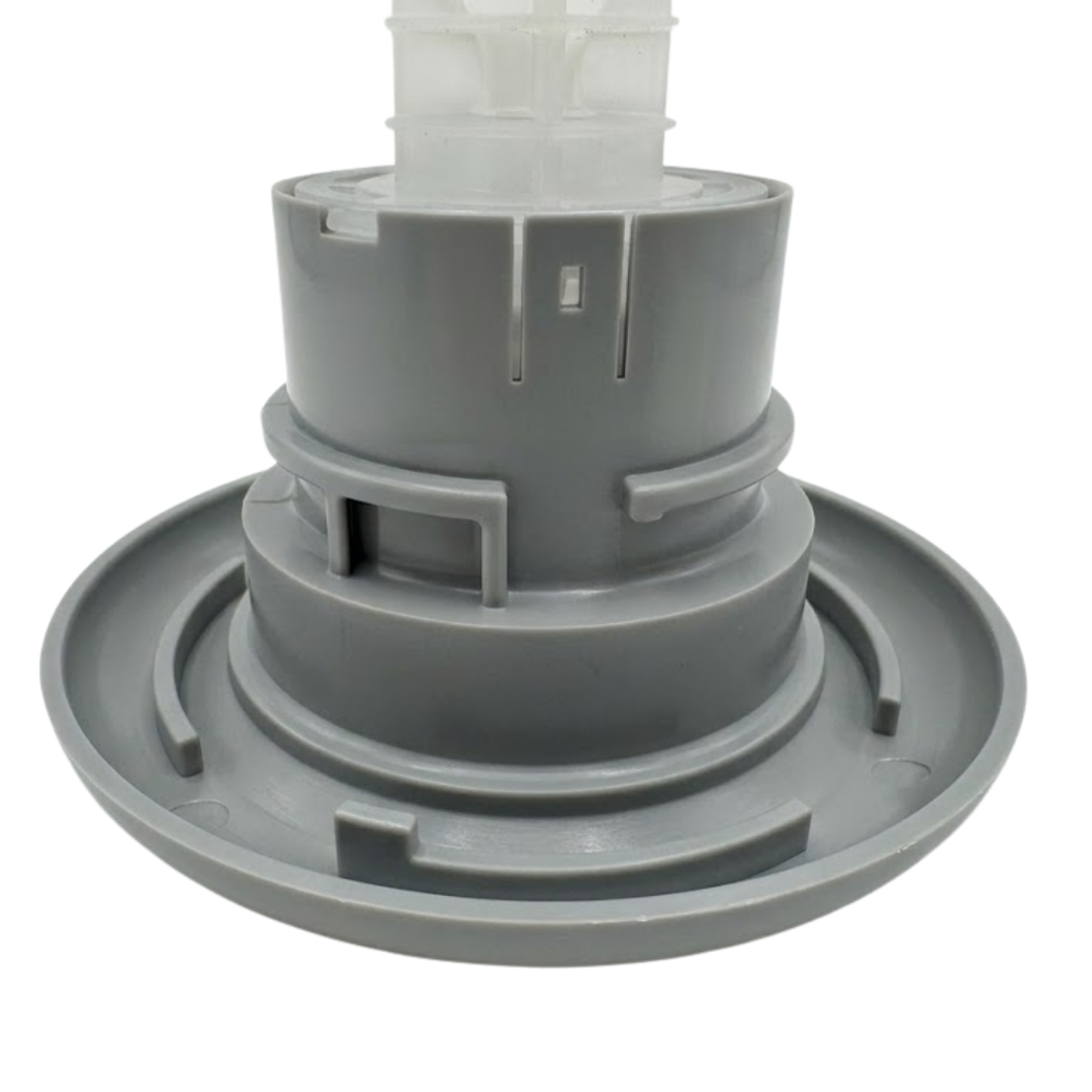 Close-up view of the rear grey body on a HydroAir adjustable VSR spa jet internal insert, showing the backside of the outer flange, stepped locking collar, and base of the translucent stem.