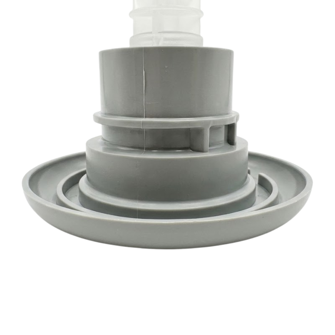 Close-up horizontal profile view of the base flange on a grey HydroAir adjustable VSR spa jet internal insert, showing the smooth outer face bezel and stepped housing collar.