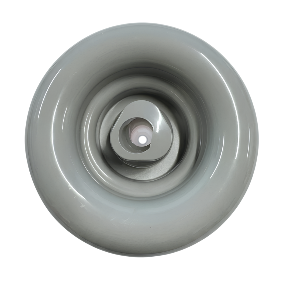 Direct overhead front view of a grey HydroAir adjustable VSR spa jet internal insert, featuring a smooth rounded outer bezel ring and a central rotational nozzle.