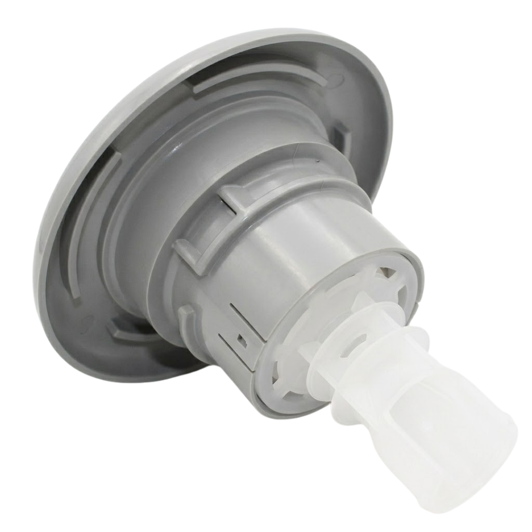 Three-quarter rear angled studio view of a grey HydroAir adjustable VSR spa jet internal insert, showing the backside of the outer bezel, stepped body collar, and extending translucent white stem.