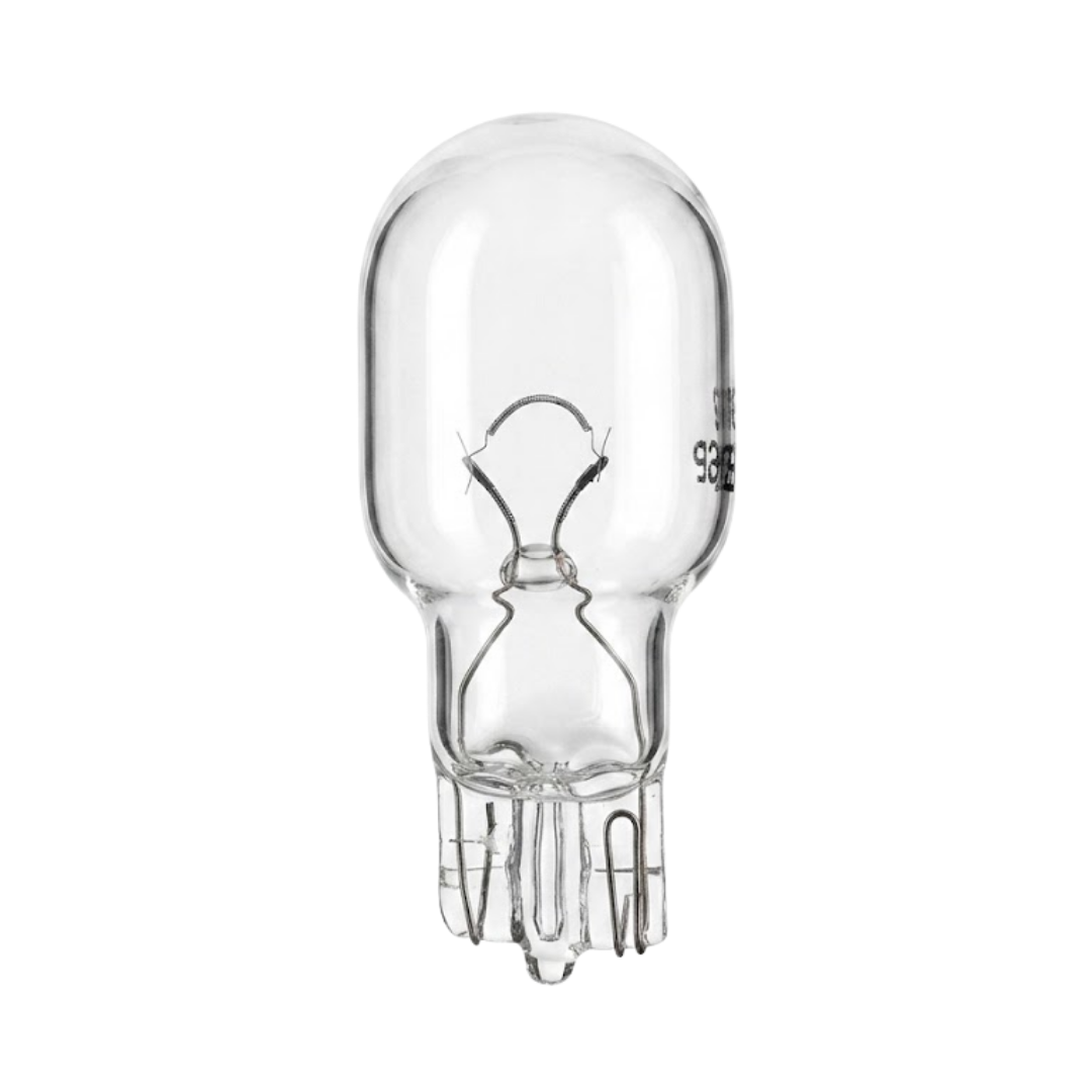 Front view of an inground spa GE912 12V incandescent light globe, showing a clear glass envelope, internal filament wire structure, and a T10 wedge base.