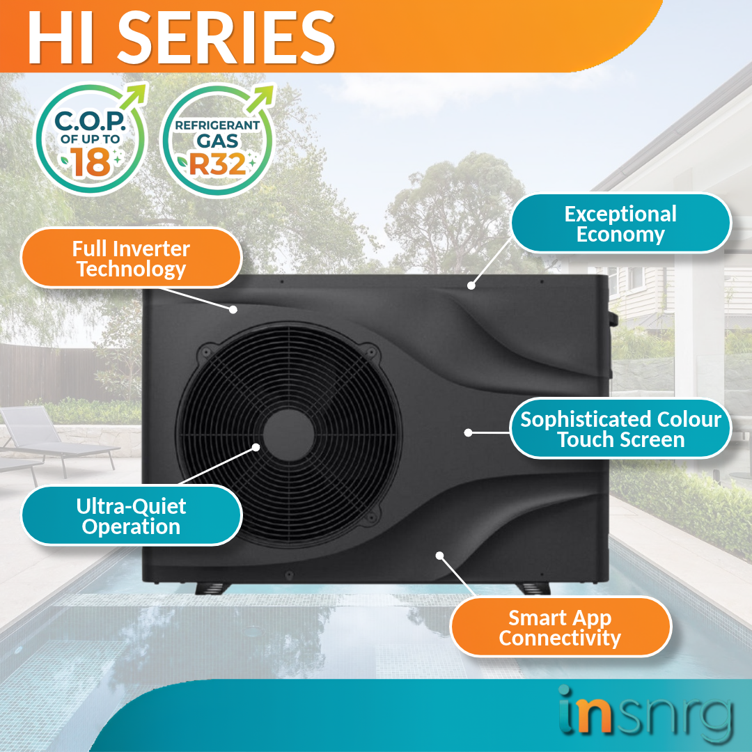 Insnrg Hi Series full inverter swimming pool heat pump highlighting R32 refrigerant gas, high COP efficiency, quiet operation, color touch screen, and smart app control.