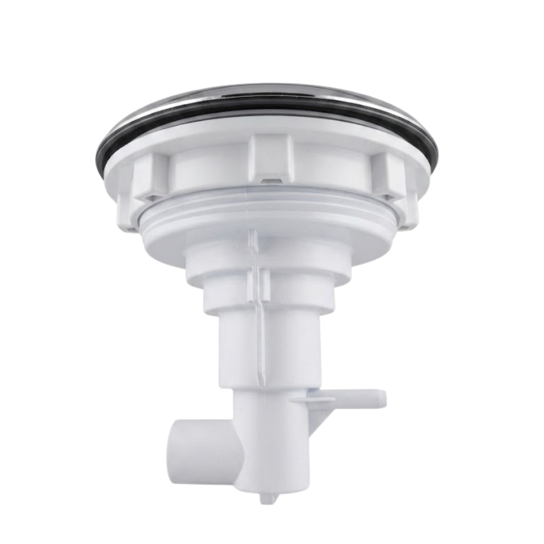 Side profile view of a Jumbo Massage 7in Artesian spa jet internal insert, showing the stainless steel bezel rim, white plastic stepped body casing with locking ribs, and white rear stem with side air/water ports.