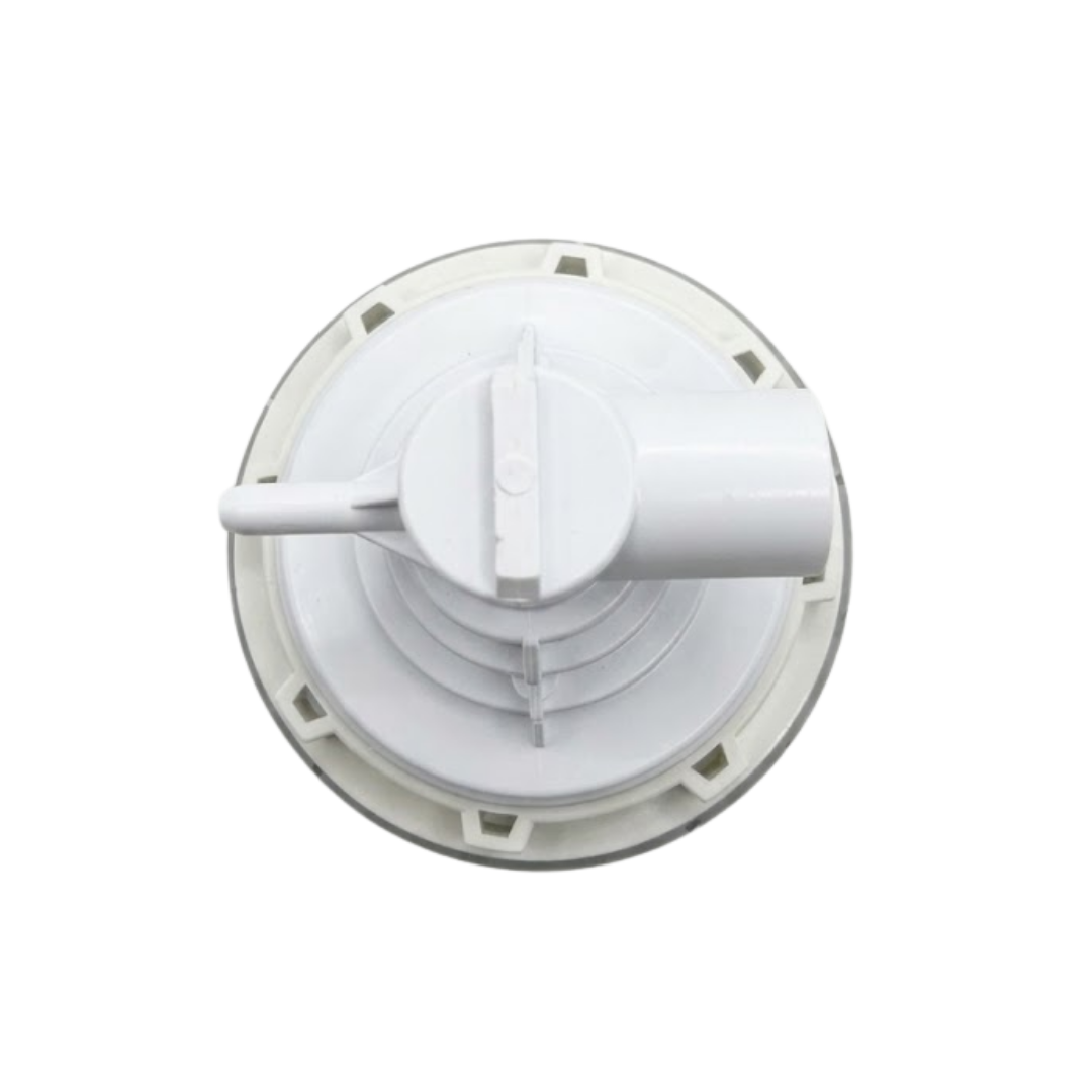 Direct overhead bottom-up view of the rear assembly on a Jumbo Mssg 7in spa jet internal insert, showing the white plastic casing with perimeter notch tabs, side water intake pipe, and perpendicular air barb.