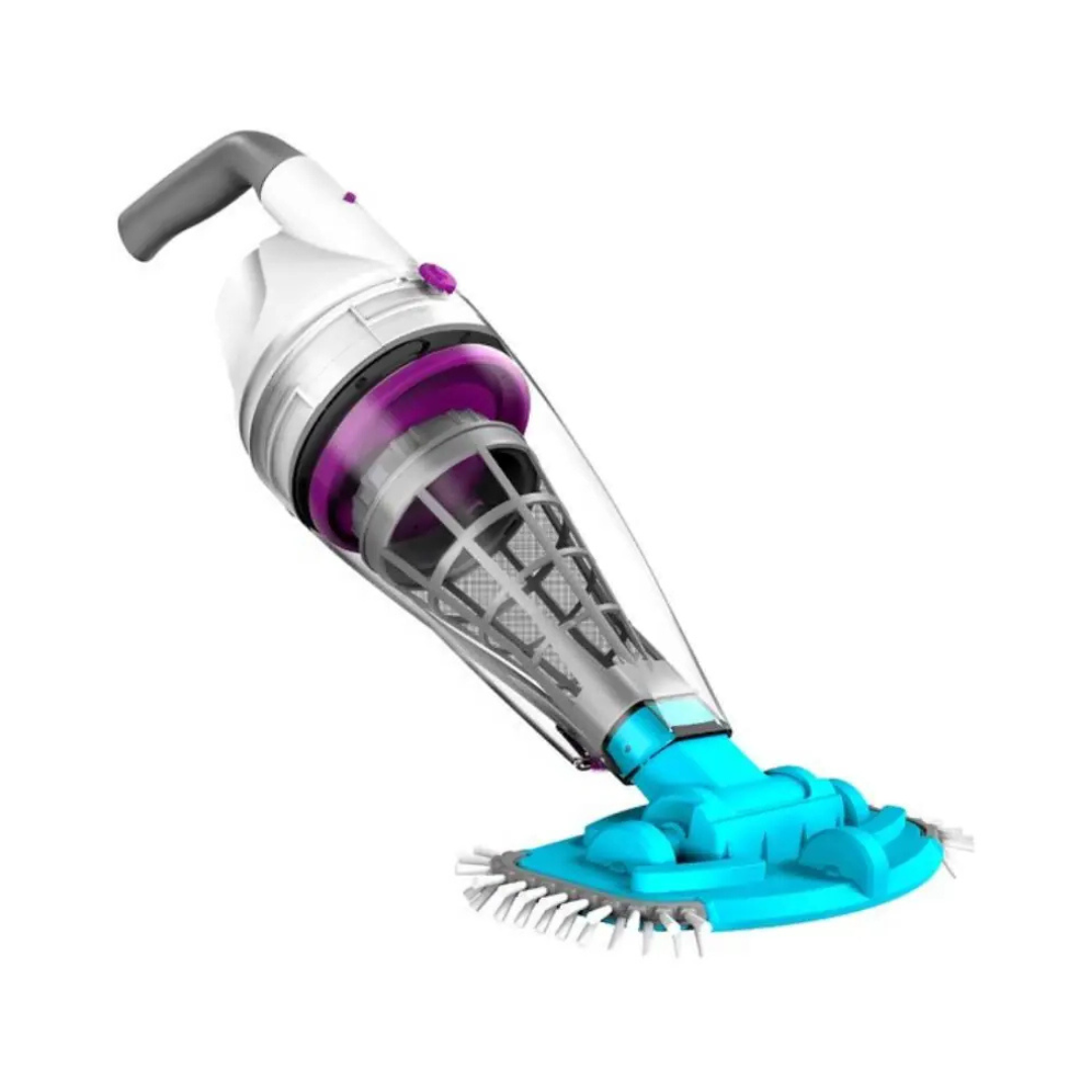 Kokido Telsa cordless rechargeable handheld pool and spa vacuum cleaner featuring a transparent debris body, purple accent trim, and a bright blue bristled vacuum head.