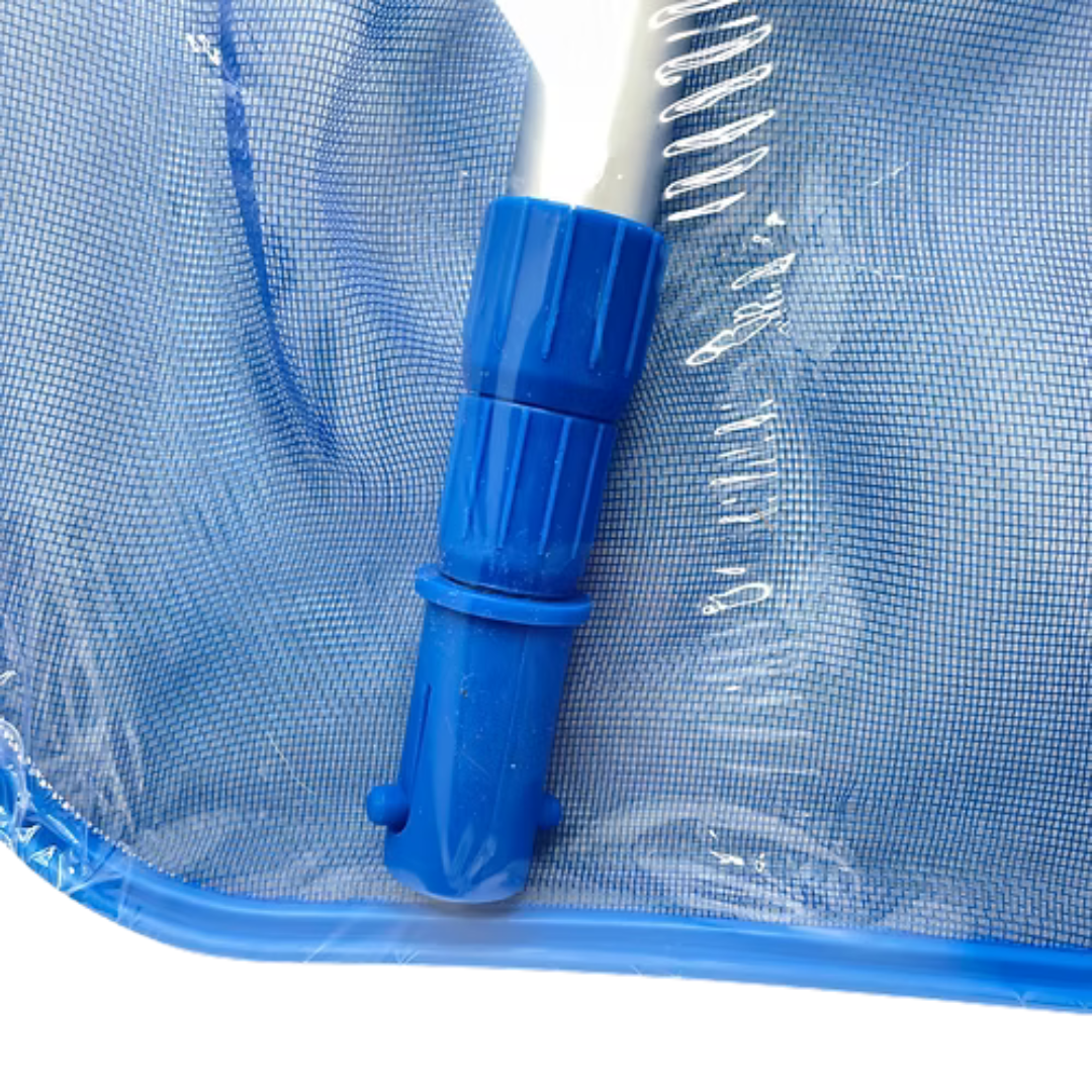 A detailed close-up shot of the telescopic locking collar and blue plastic snap-fit connection handle of the Life Extenda Spa-Skim net, resting against the fine blue mesh netting material wrapped in protective plastic film.