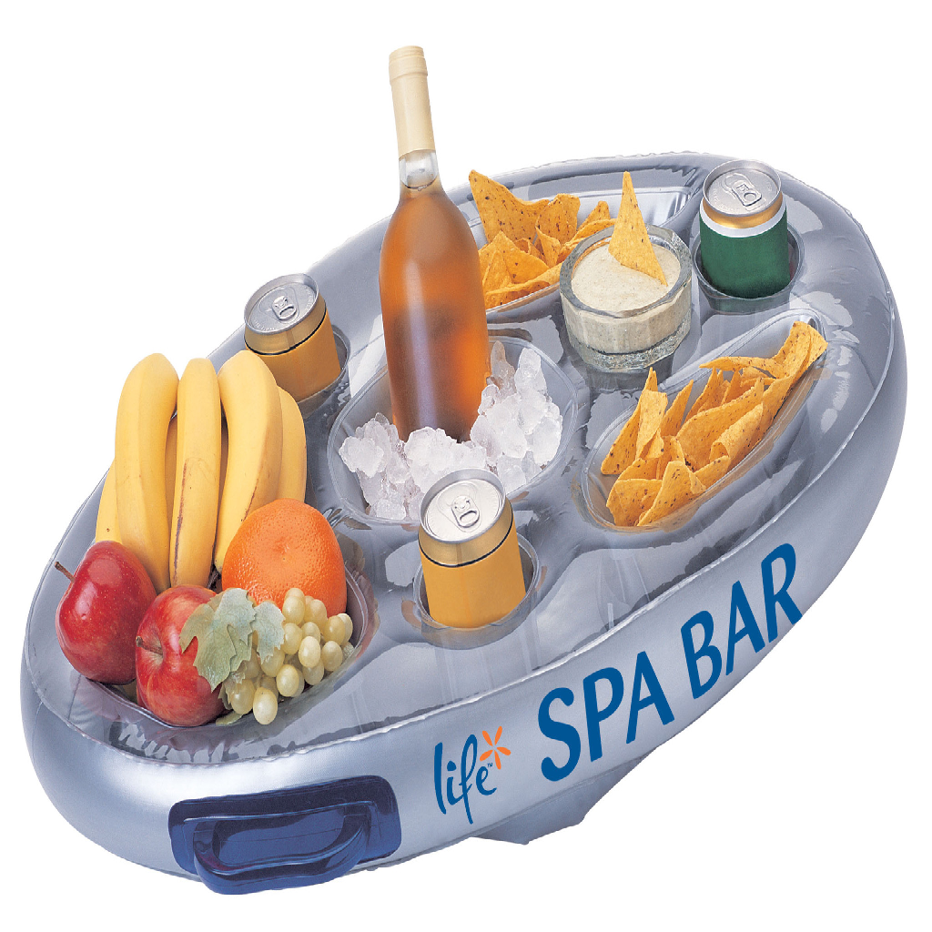 An inflatable silver Life Spa Bar floating snack tray and drink holder isolated on a white background, filled with a wine bottle in an ice chamber, beverage cans, tortilla chips with dip, and a variety of fresh fruit including bananas, apples, oranges, and grapes