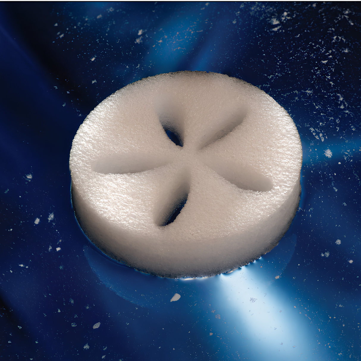 White Life Spa Disc foam sponge floating in dark blue hot tub water to remove oil and prevent scum lines.