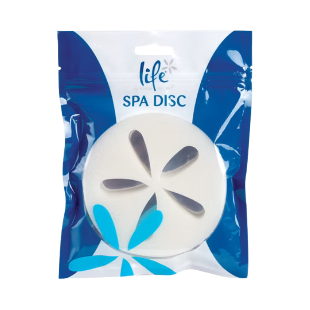 Life Spa Disc reusable hot tub scum remover in plastic bag packaging with blue flower logo graphics