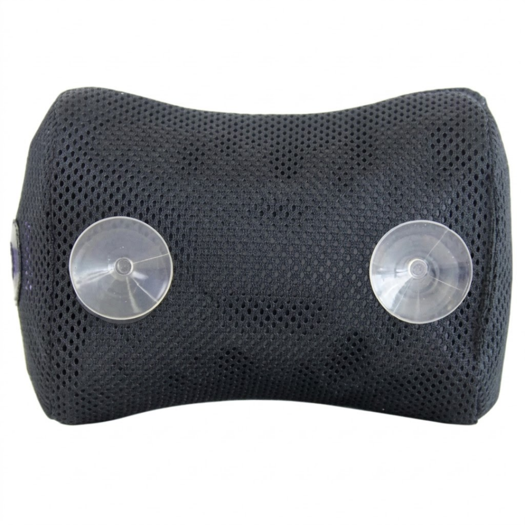 Rear view studio product photo of the black Life Spa pillow cushion on an isolated white background, highlighting two clear suction cups mounted to the back mesh fabric for mounting to hot tub walls.