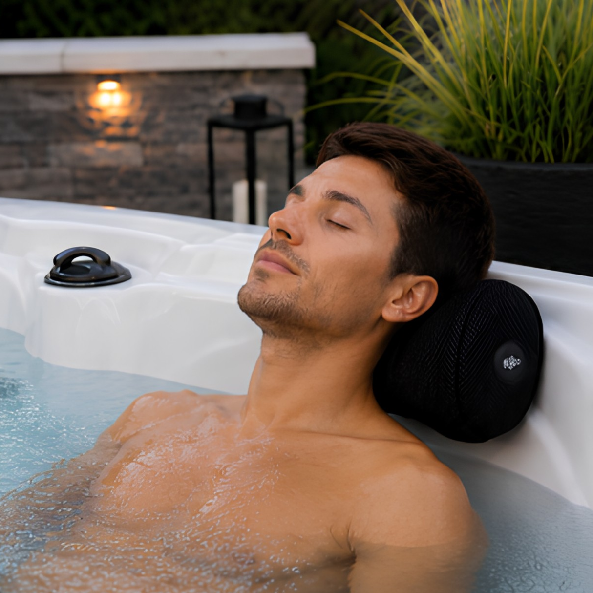 A man relaxing with his eyes closed inside a luxury outdoor hot tub, resting his head on a contoured black Life Spa Pillow cushion mounted to the white acrylic tub rim, with a softly lit stone wall and potted greenery in the background.