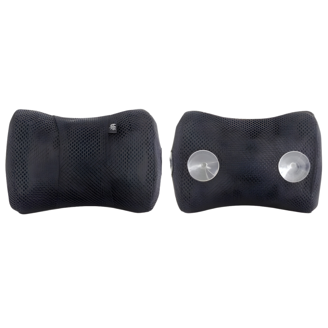 Studio product display showing the front and back view of the black Life Spa Pillow isolated on a white background, highlighting its contoured shape, textured mesh fabric, a small brand tag, and two clear integrated plastic suction cups on the rear side.