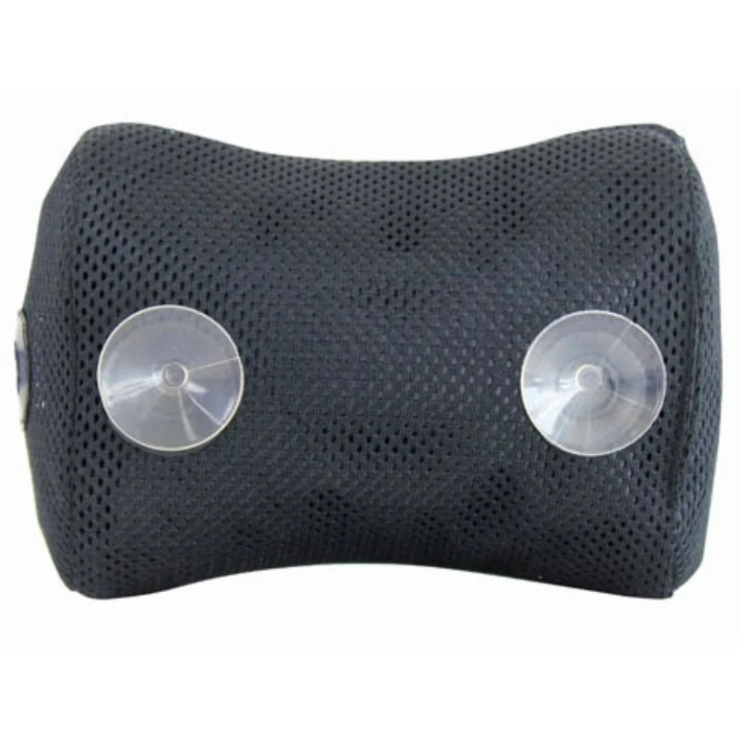 Rear view of a black Life Spa Pillow isolated on a white background, showcasing its contoured shape, textured mesh fabric, and two clear, round plastic suction cups designed for secure non-slip hot tub or jacuzzi mounting.
