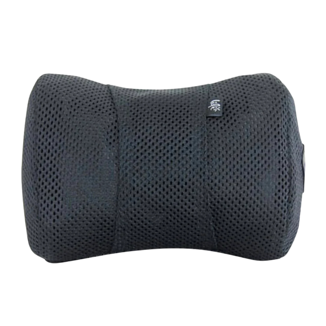 Front view of a black Life Spa Pillow isolated on a white background, showing its contoured ergonomic shape, textured, quick-drying mesh fabric, and a small woven Life brand tag on the upper right side.