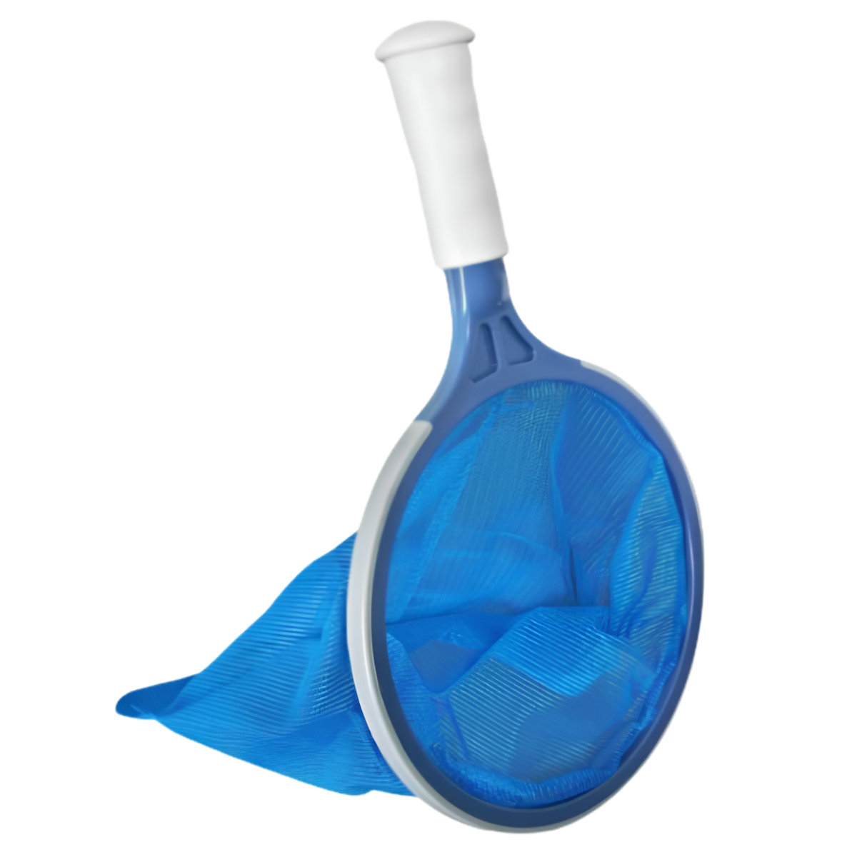 Angled profile of the Life Spa Scoop skimmer net featuring a white handle, dark blue frame, and a grey rubber protective rim.