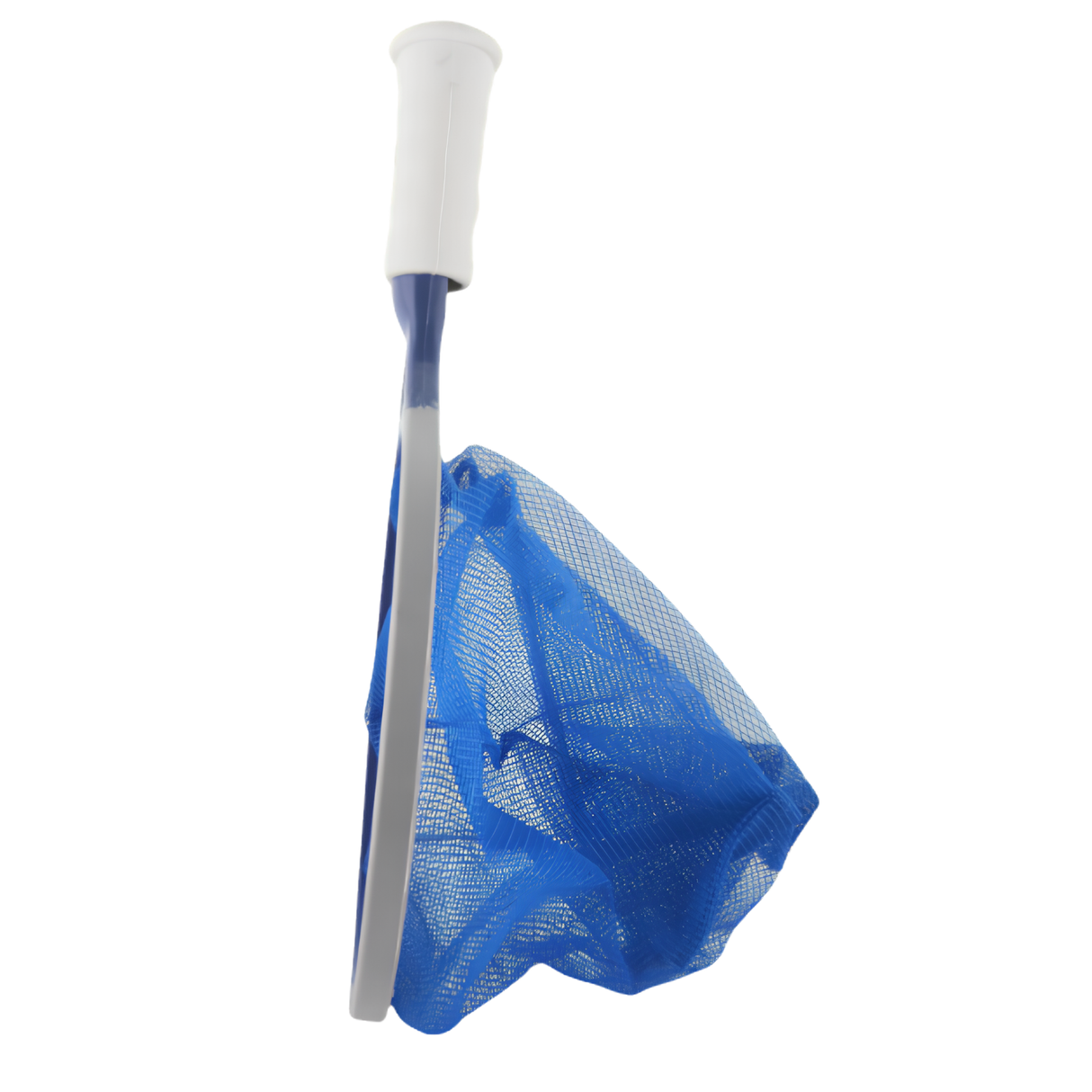 Side profile of Life Spa Scoop showing the deep blue mesh debris bag and durable grey rubber bumper edge.