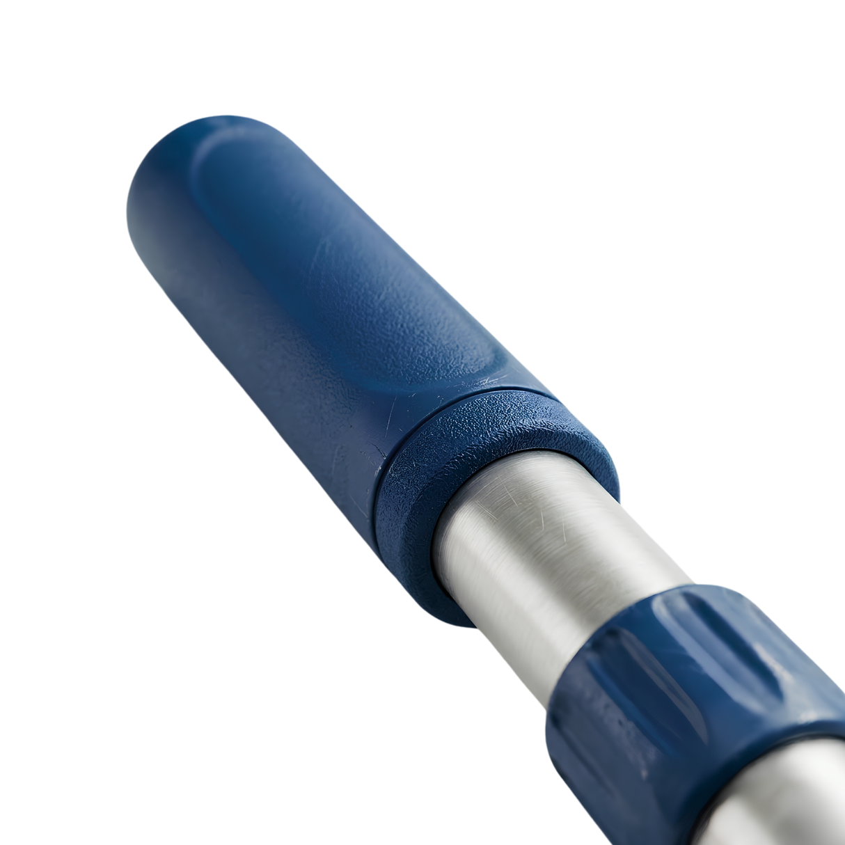 Macro close-up view of the ergonomic blue plastic handle grip and twist-lock collar mechanism on an aluminum Life Spa telescopic pole.