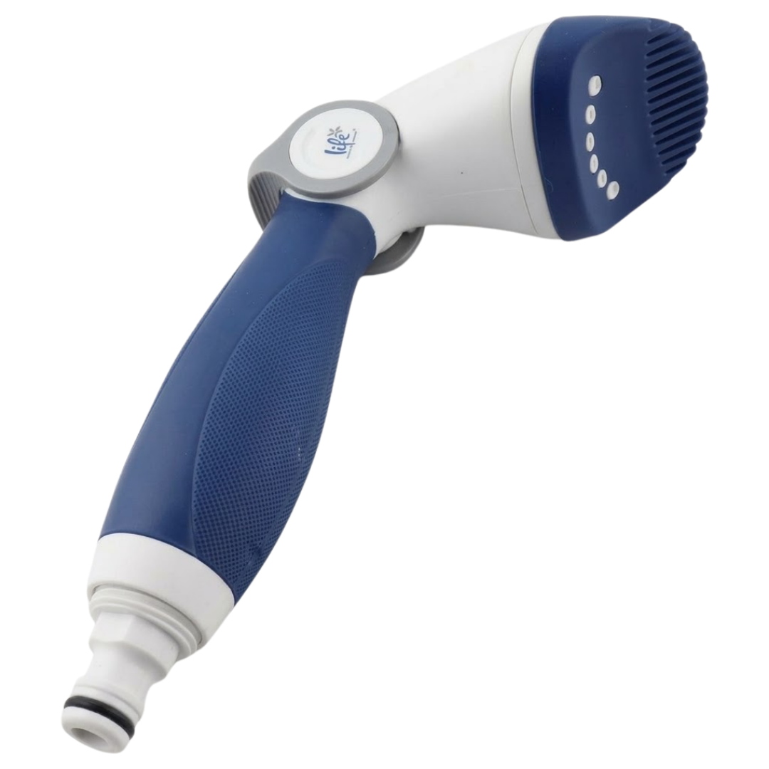 Studio product photo of the Life Spa Water-Wand Pro handheld filter cleaning tool angled on an isolated white background, showcasing its blue textured ergonomic grip handle, quick-connect hose fitting, thumb flow control lever, and blue comb head with white spray nozzles.