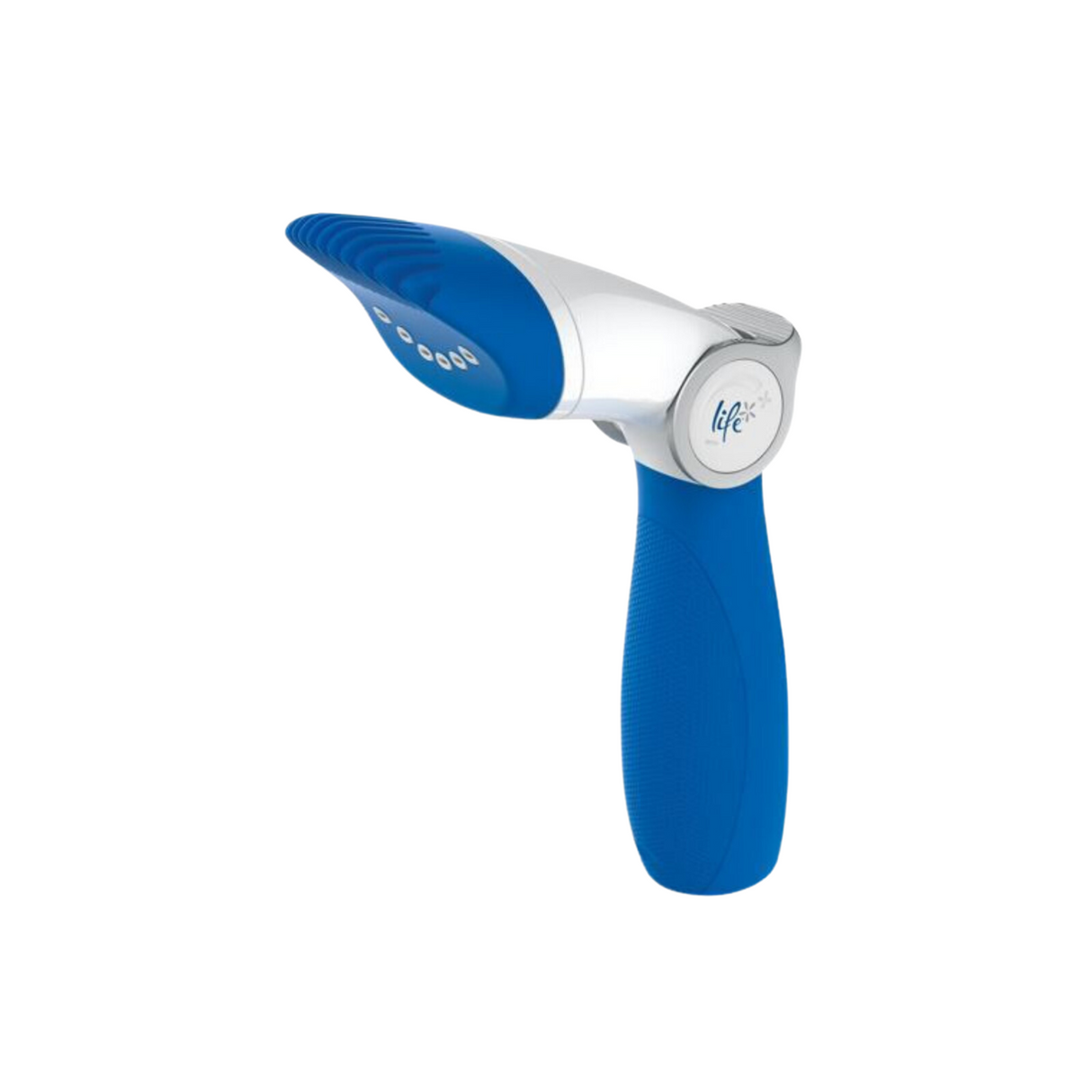 Profile view of a blue and white Life Water-Wand Pro cartridge filter cleaning tool isolated on a white background, showcasing its contoured ergonomic handle, thumb flow control valve, fine-spray comb head, and round Life brand logo.