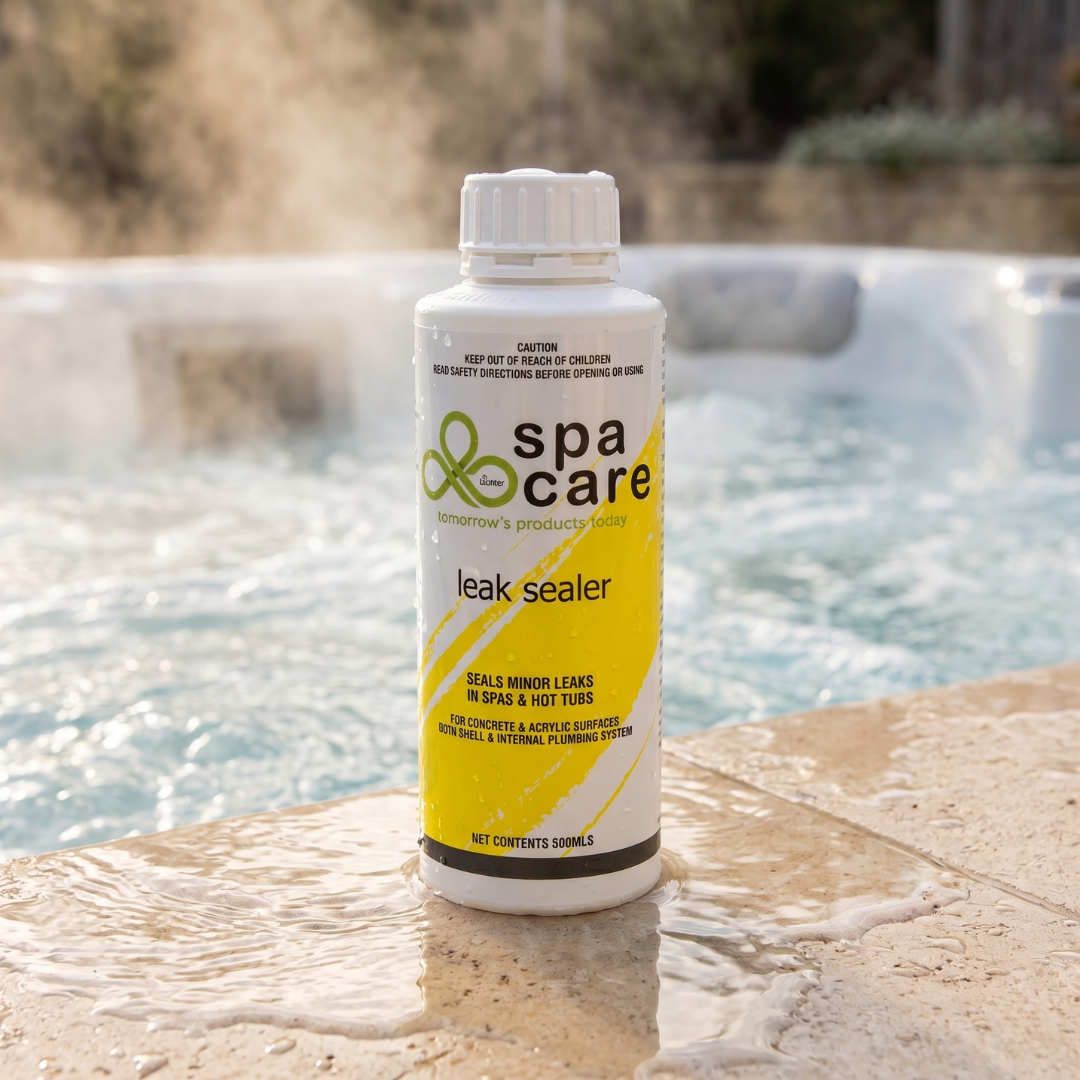 A 500ml bottle of Lo-Chlor Spa Care Leak Sealer sitting on the edge of a steaming hot tub with clear water, ready to fix minor spa leaks.